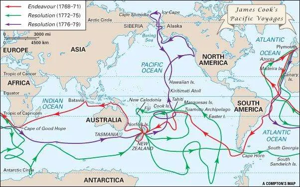 Map illustrating Captain James Cook's Pacific voyages, detailing routes taken by the Endeavour and Resolution ships between 1768-1779.