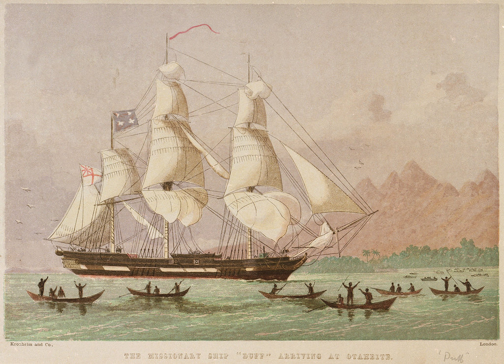 The missionary ship Duff arrives at Oahu, surrounded by canoes, with excited people waving in a tropical landscape.