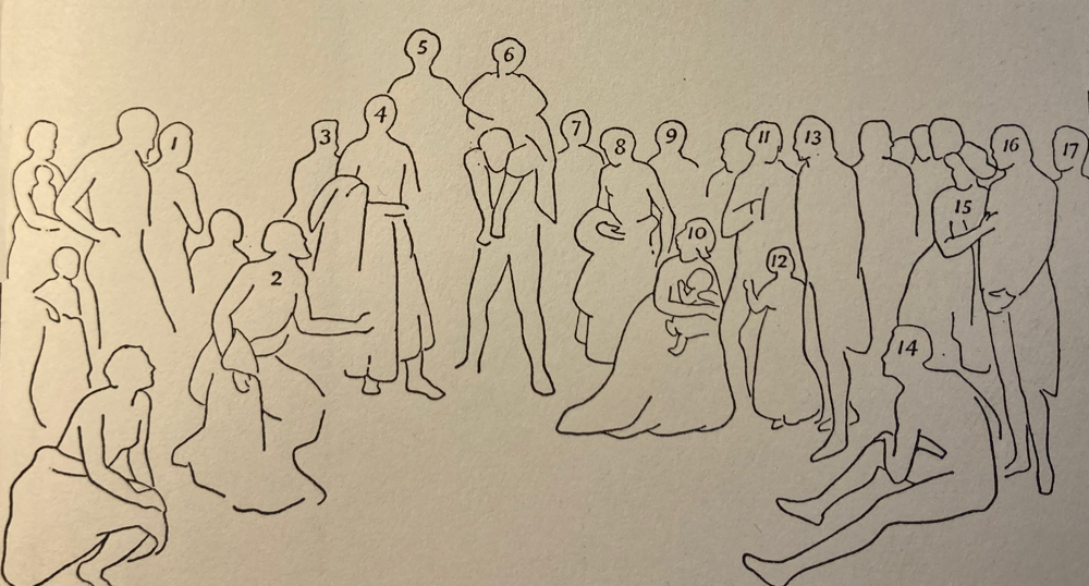 An illustration of various human figures, outlined in black, depicting diverse postures and interactions in a crowd setting.