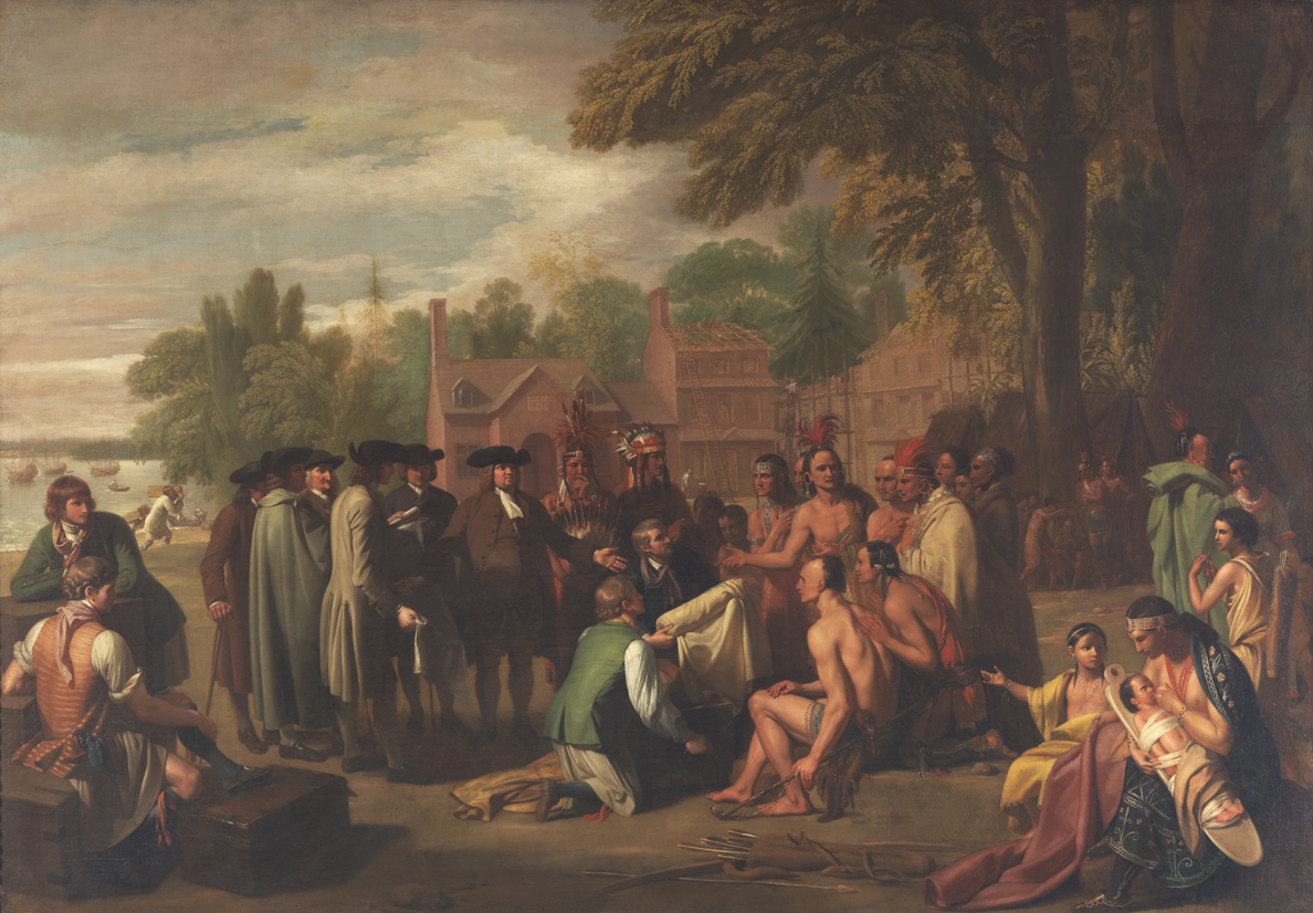 A historical scene depicting a gathering between settlers and Indigenous peoples, surrounded by lush landscapes and colonial buildings.