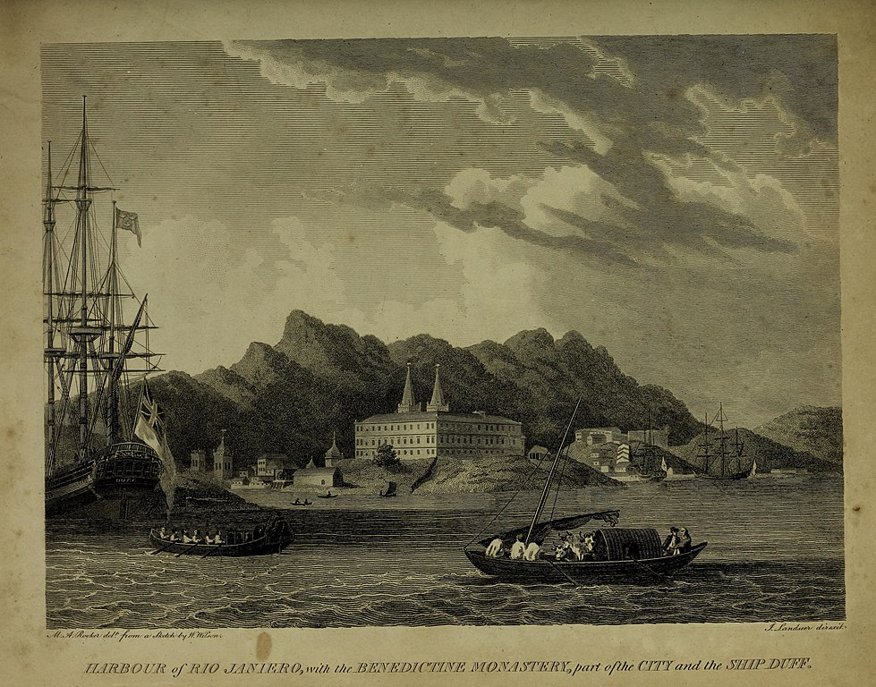 Engraving of Rio de Janeiro's harbor showcasing the Benedictine Monastery, ships, and surrounding mountains under a cloudy sky.