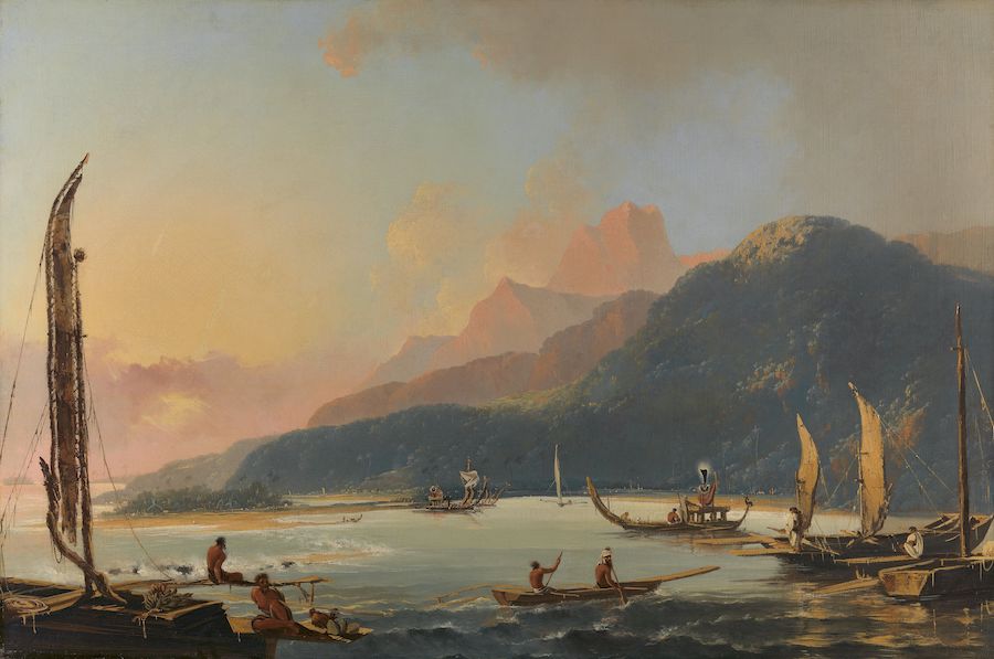 A serene coastal scene with fishermen in boats, lush mountains, and colorful sails under a pastel sunset.
