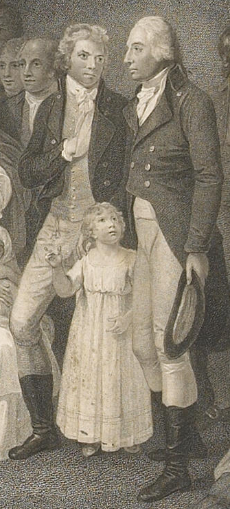 Three individuals pose together, one in a white dress, while two men in 18th-century attire stand beside her, smiling warmly.