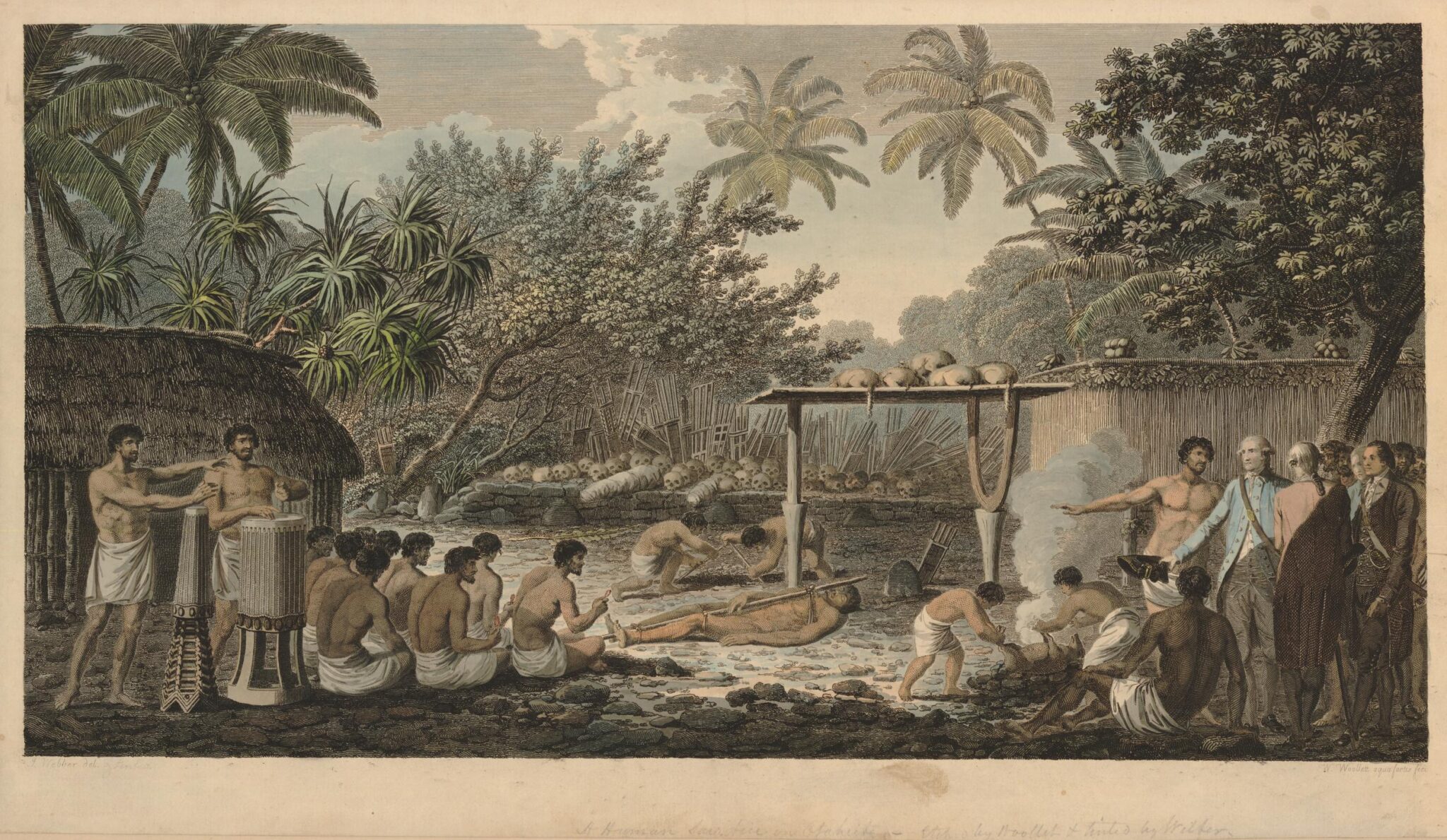 A historical scene depicting a ritual with participants, traditional huts, palm trees, and a display of skulls in a tropical setting.