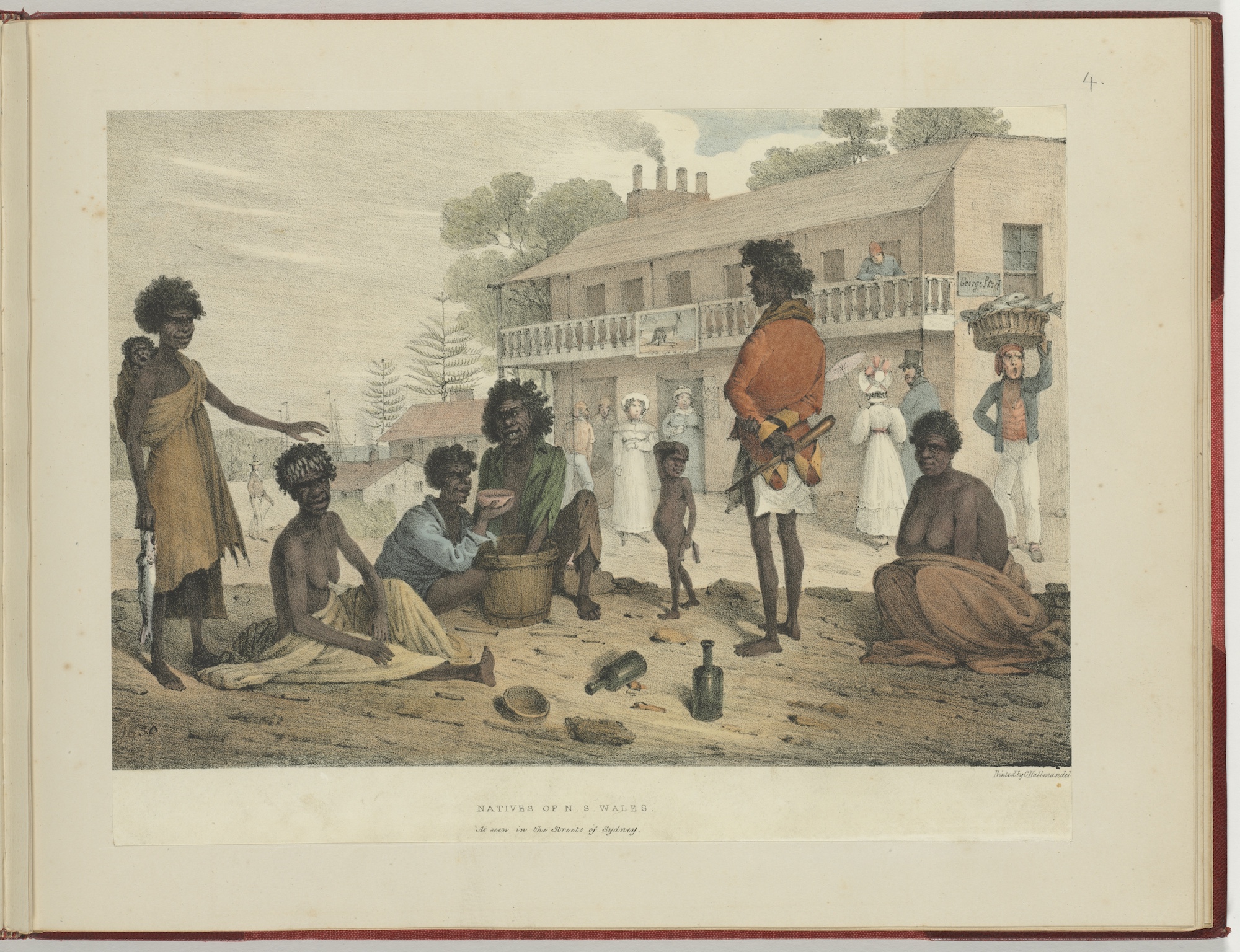 Illustration depicting a historical gathering with individuals engaged in various activities near a colonial-style building.