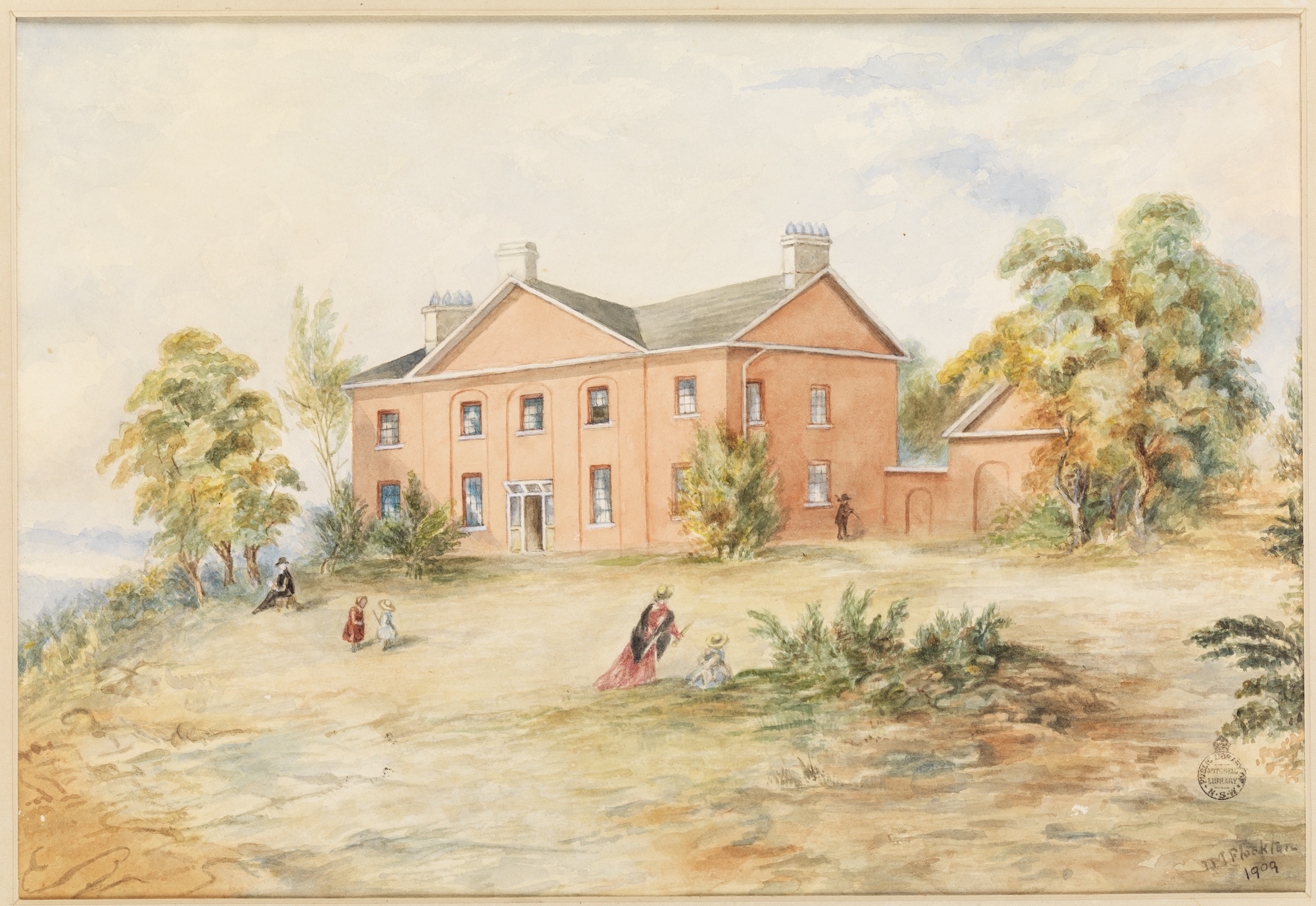 A watercolor painting of a large orange house surrounded by trees, with people in 19th-century clothing strolling on the landscape.