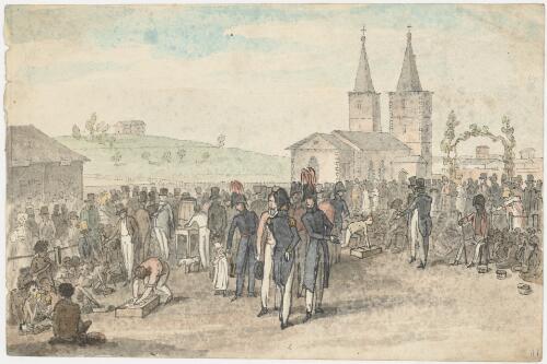A bustling marketplace scene with crowds of men, women, and children, set against buildings and distant hills under a blue sky.