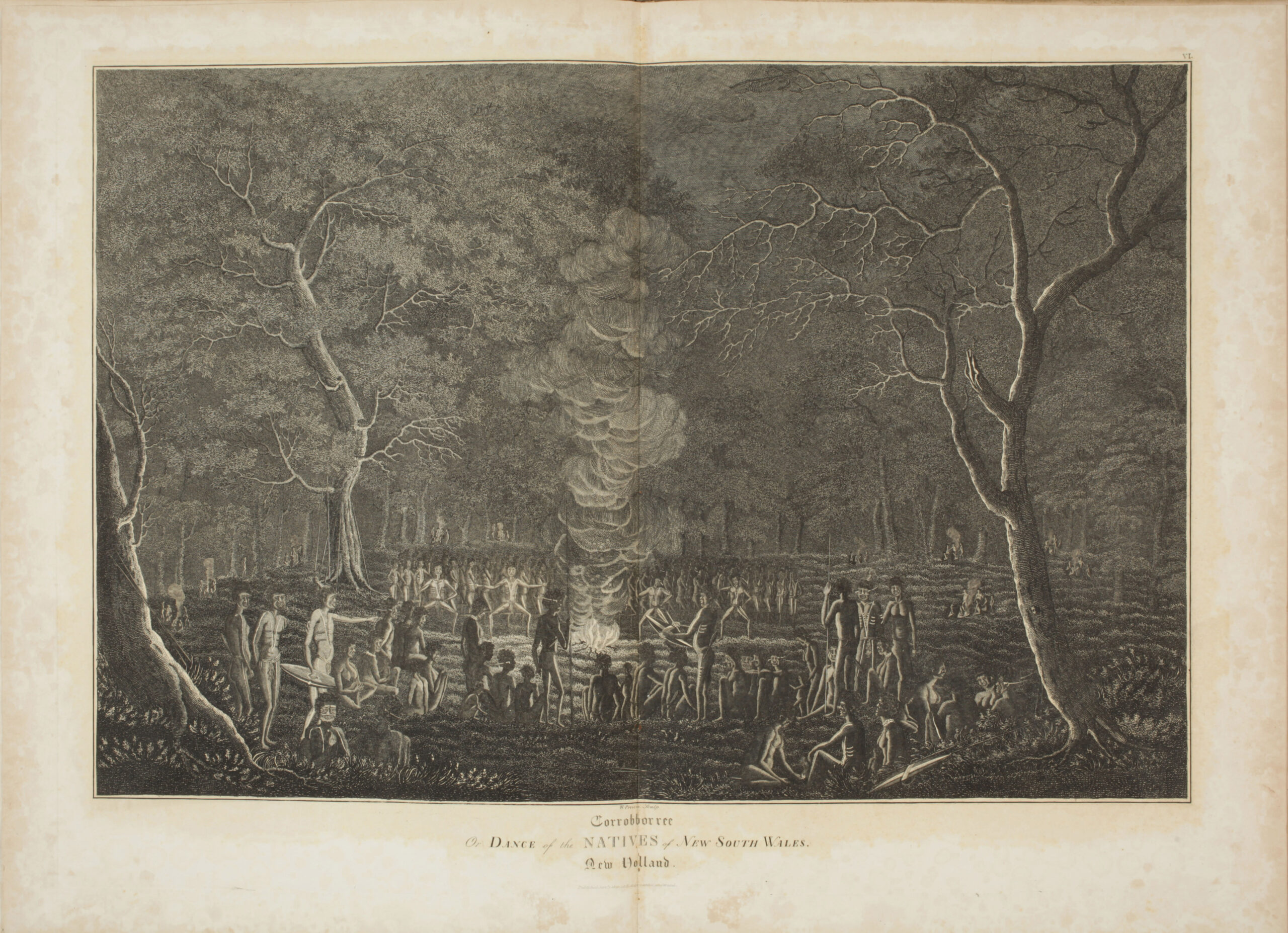 Engraving of Aboriginal dancers around a fire in a forest, depicting a cultural ceremony in New South Wales, Australia.