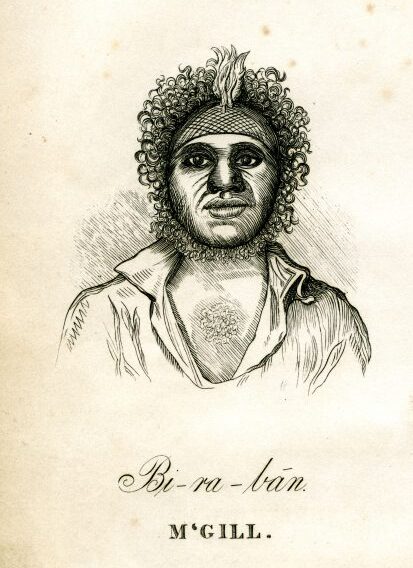An illustration of a man with curly hair wearing a collared shirt, titled Bi-ra-bān M'Gill beneath it.