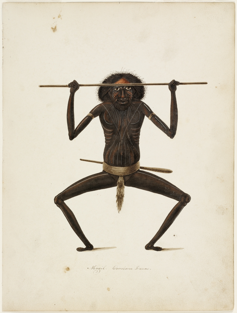 A muscular figure in a dynamic pose, holding a spear, adorned with tribal markings and a traditional waistbelt, showcasing cultural attire.