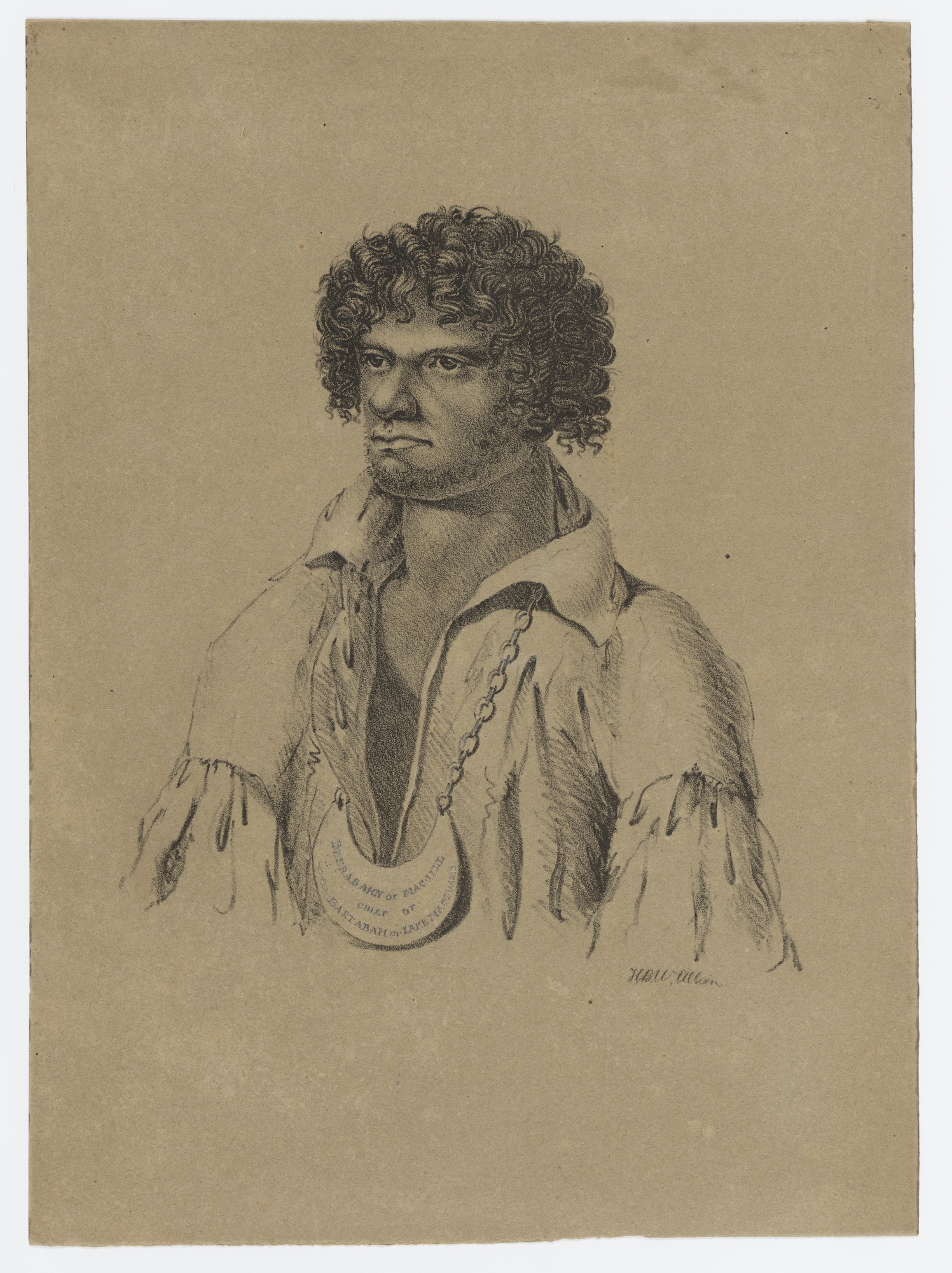 A portrait featuring a figure wearing a fringed shirt and a ceremonial necklace, drawn in a vintage artistic style on textured paper.