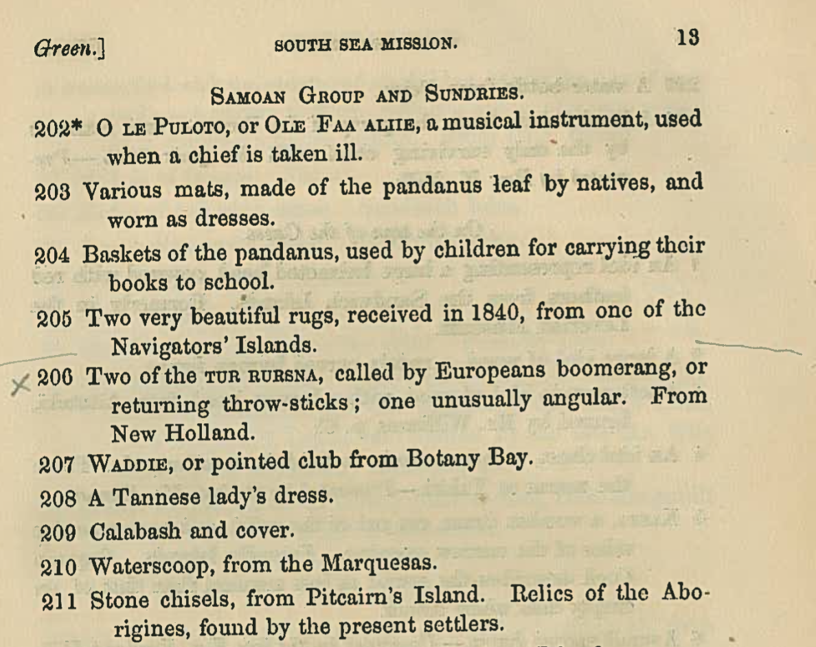 A vintage text page detailing various items from the South Sea Mission, including instruments, mats, baskets, and artifacts.