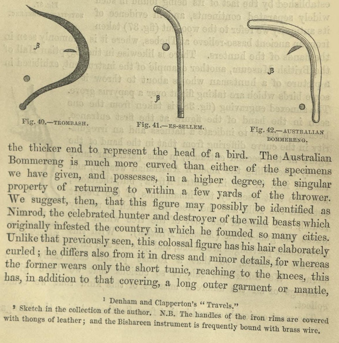 Illustration of three curved objects labeled as trombash, es-sellem, and Australian bommereng, with descriptive text about their features.