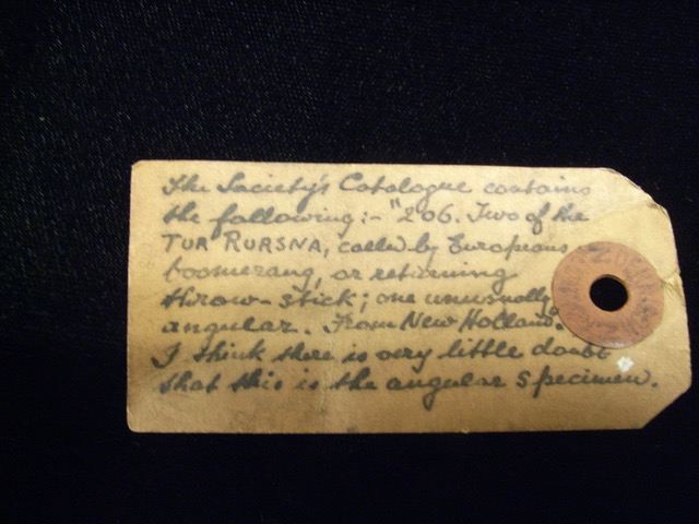 A vintage tag with handwritten notes about a boomerang, detailing its origin and classification, attached to a specimen.