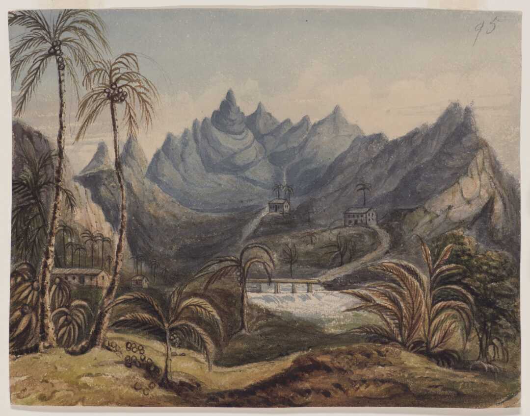 A serene landscape featuring mountains, palm trees, and two houses by a river, blending natural beauty with human habitation.