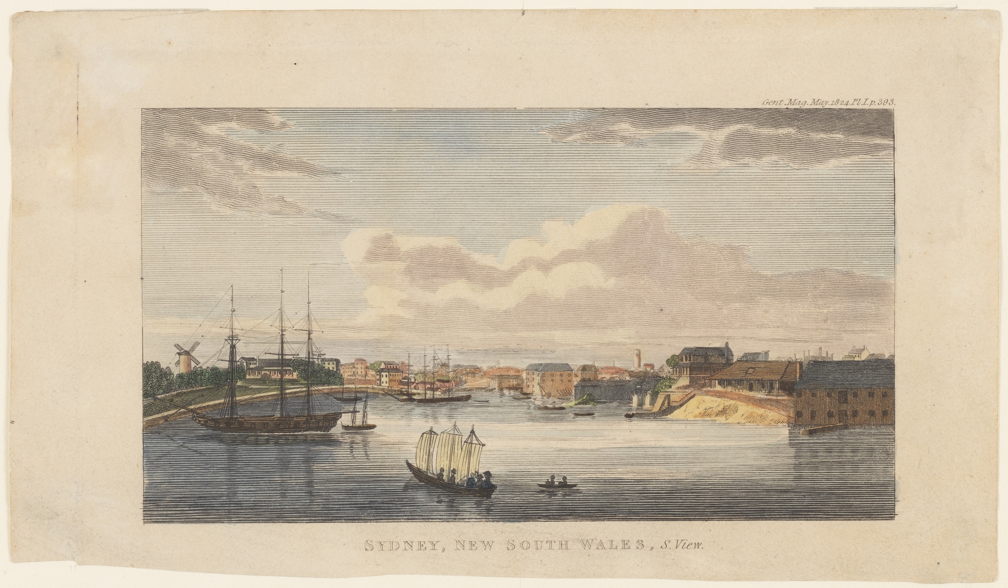 Colorful illustration of Sydney, New South Wales, featuring boats in the harbor, buildings, and a windmill under a cloudy sky.