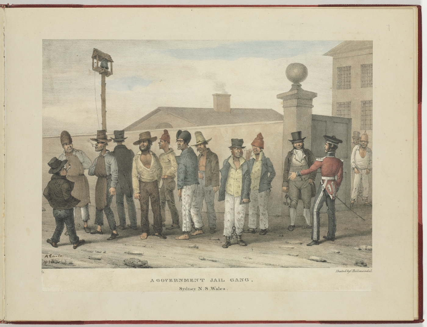 A group of dressed men stands outside a building with a guard, in a historical representation of a government jail gang in Sydney.