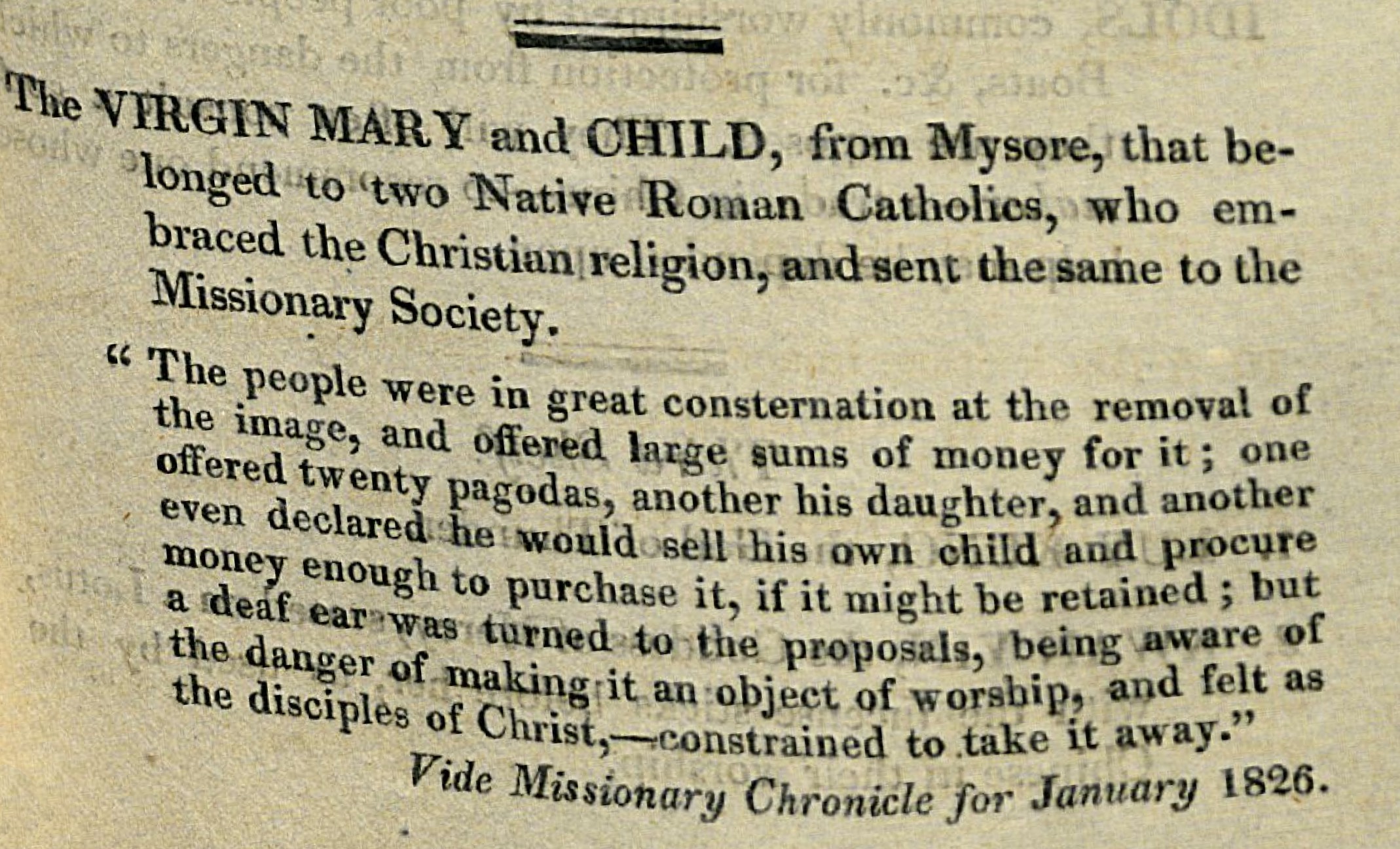 Historical text detailing the Virgin Mary and Child statue's significance to local Catholics and community reactions to its removal.