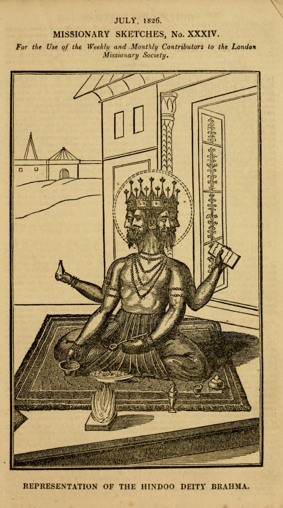 Illustration of the Hindu deity Brahma seated in a meditative pose, surrounded by ornate decorations and items of reverence.