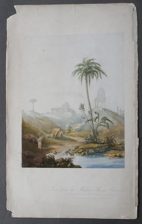 A serene landscape depicting a lush scene with palm trees, a river, and distant architecture, with figures engaged in tranquil activities.