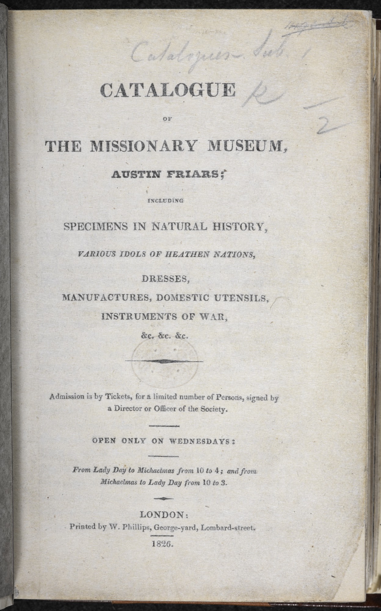 A printed catalogue page from the 1826 Missionary Museum detailing exhibits, admission rules, and open hours in London.