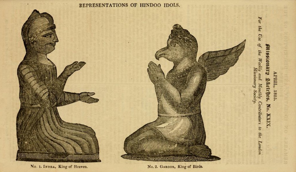 Two Hindu idols: left, Indra, King of Heaven, seated with outstretched hands; right, Garuda, King of Birds, kneeling with wings spread.