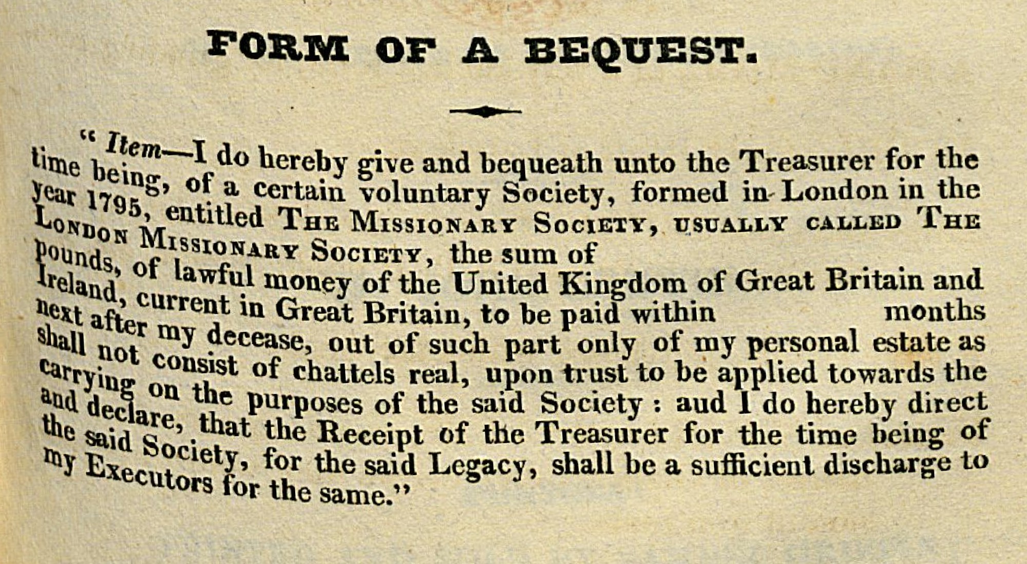 A historical document outlining a bequest to the London Missionary Society, detailing terms for transferring funds after death.