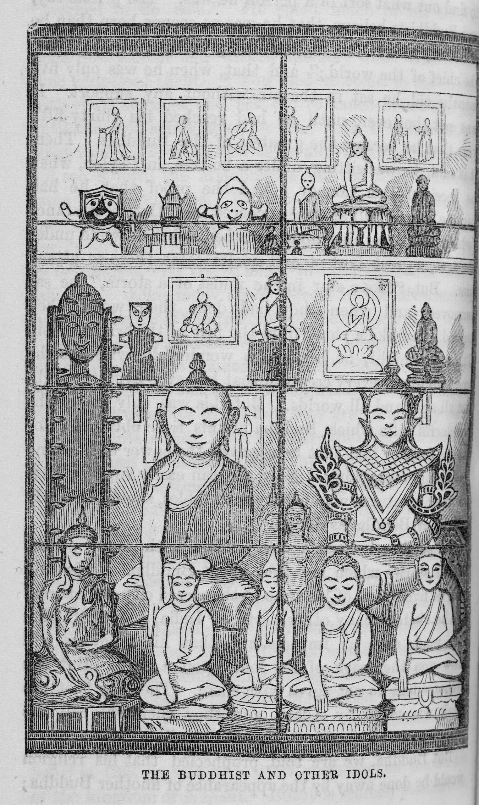 Illustration of various Buddhist statues and idols, arranged in a display with intricate details, showcasing religious art and symbolism.