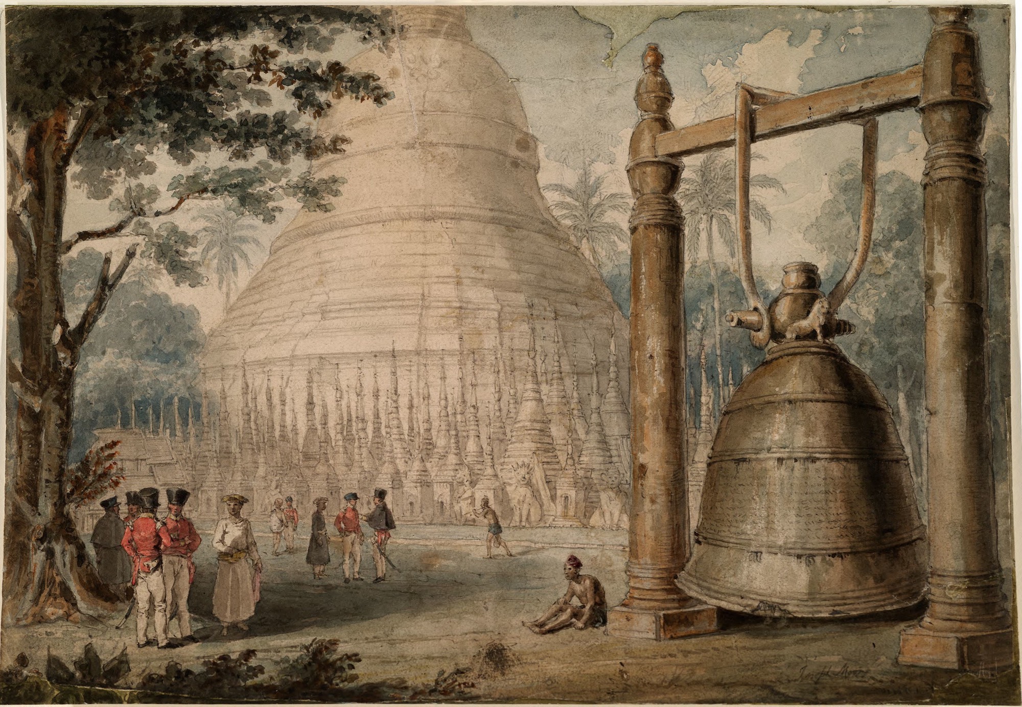 A historical scene depicting a large stupa surrounded by people, with a prominent bell structure in the foreground under a lush green canopy.