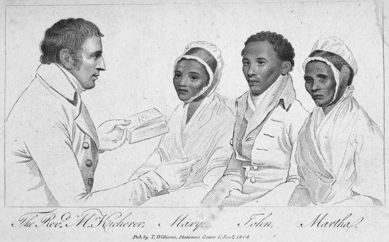 A sketch depicting a man in a suit discussing with three seated individuals, each wearing simple clothing, set in a historical context.