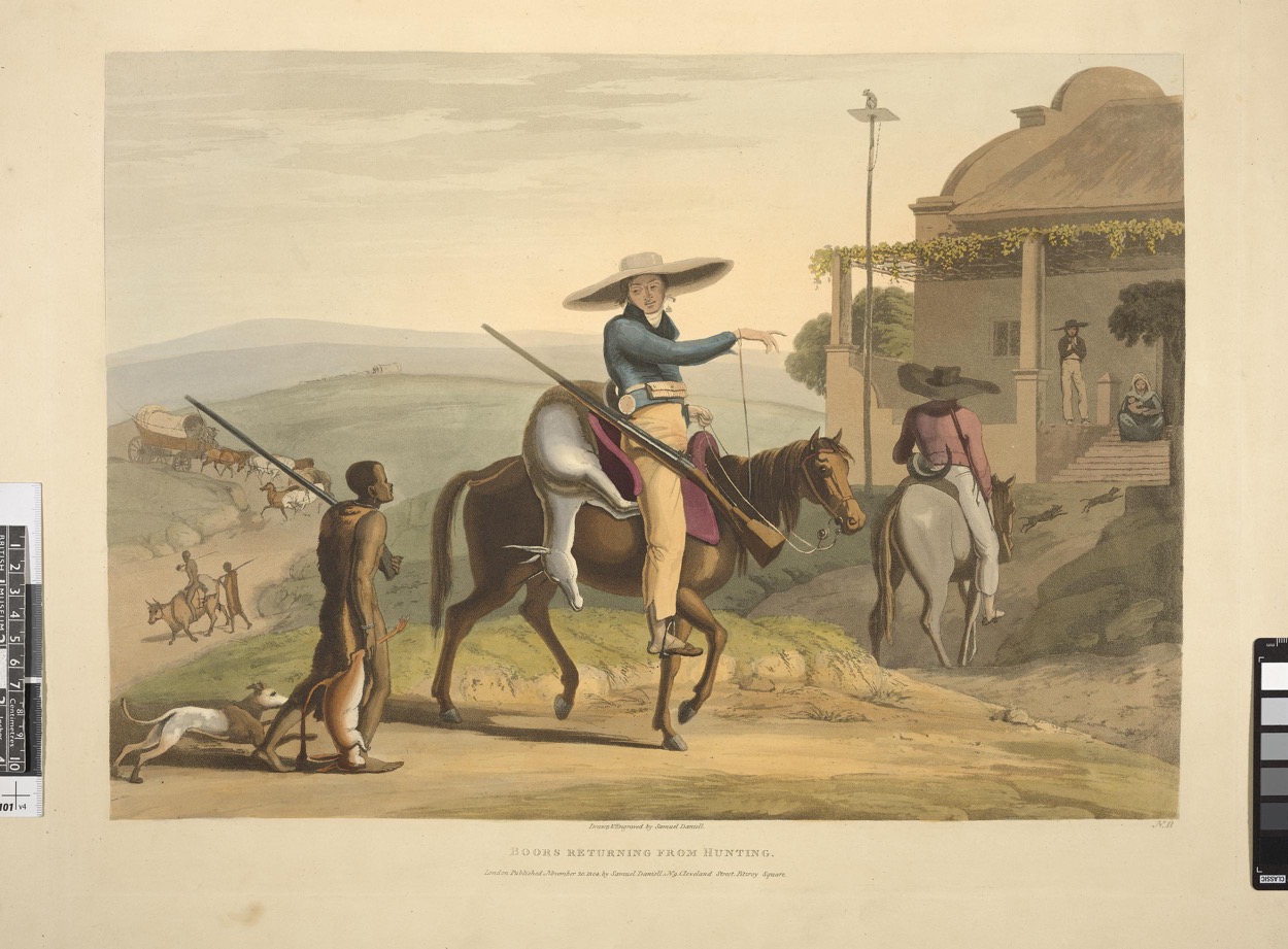 A colorful scene depicting horsemen returning from hunting, with a dog and figures along a hillside near a house.