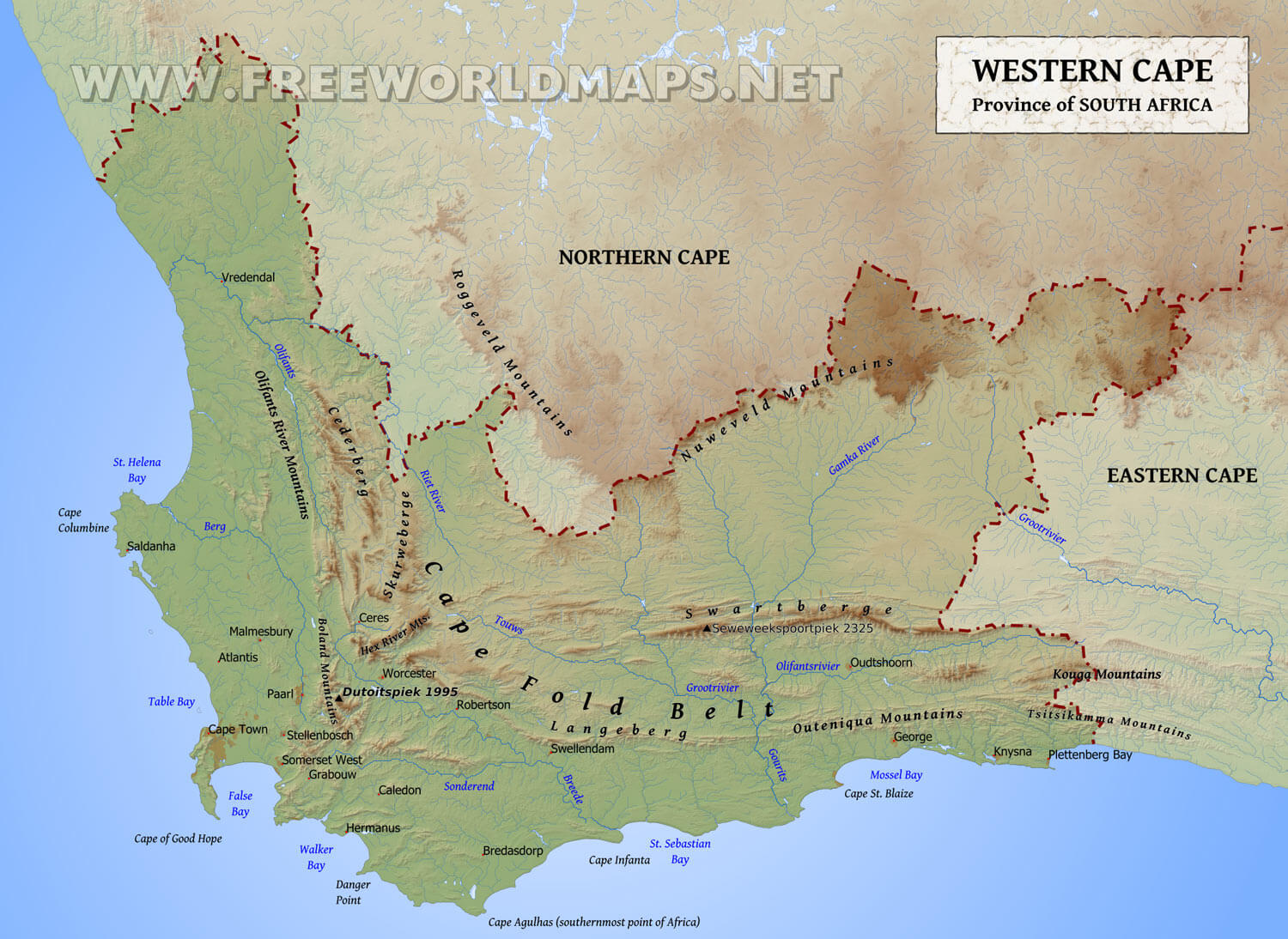 Map of the Western Cape province in South Africa, showcasing geographical features, cities, and neighboring provinces.