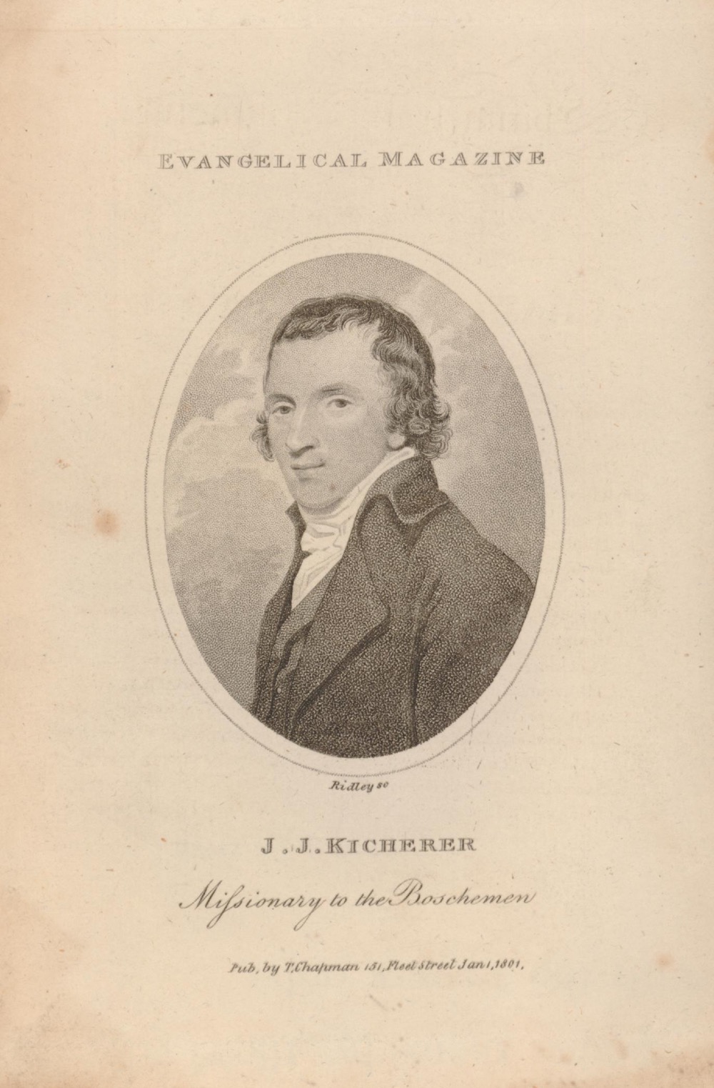 An engraving depicting J.J. Kicherer, a missionary to the Boschemen, featured in the Evangelical Magazine.