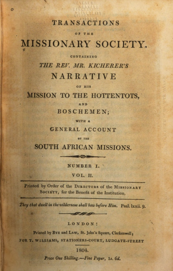 Title page of Transactions of the Missionary Society, detailing Rev. Mr. Kicherer's narrative on South African missions, published 1804.