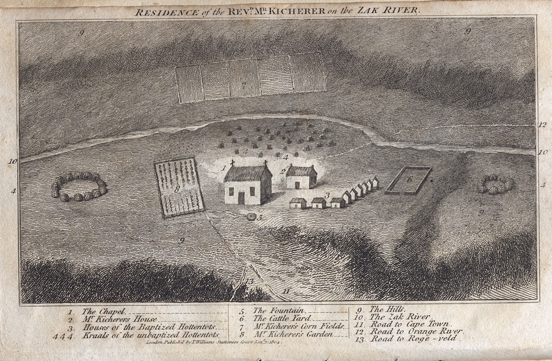 A detailed illustrated map of the Rev. Kicherer's residence on the Zak River, showing buildings, gardens, and surrounding landscape.