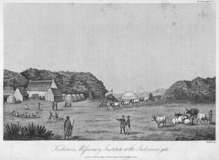 Historical illustration of Kicherer's Missionary Institute, featuring tents, livestock, and figures engaged in various activities.