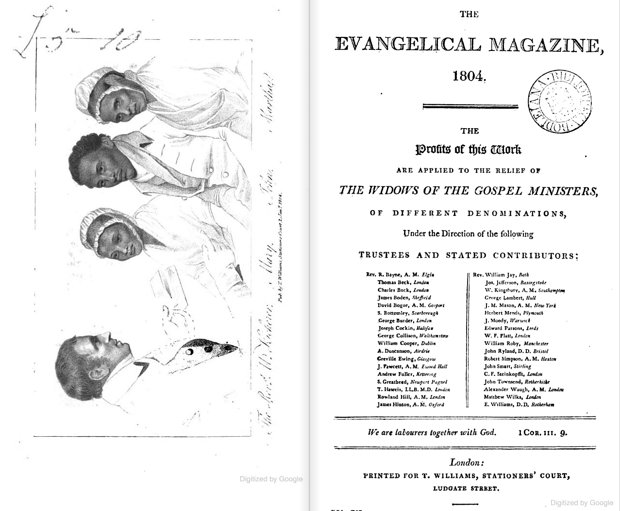 An 1804 page from The Evangelical Magazine featuring illustrations of three individuals in traditional attire alongside text about charitable contributions.