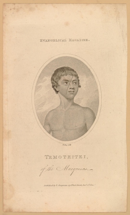 An illustration of Temoteitei, a Marquesan, featured in the Evangelical Magazine, highlighting his upper body in an oval frame.