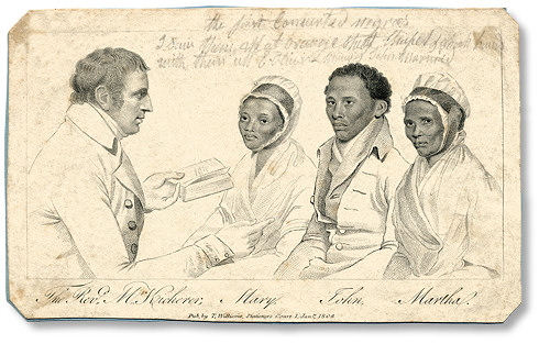 A historical illustration depicting a man in formal attire reading from a book to three seated individuals, labeled with their names.