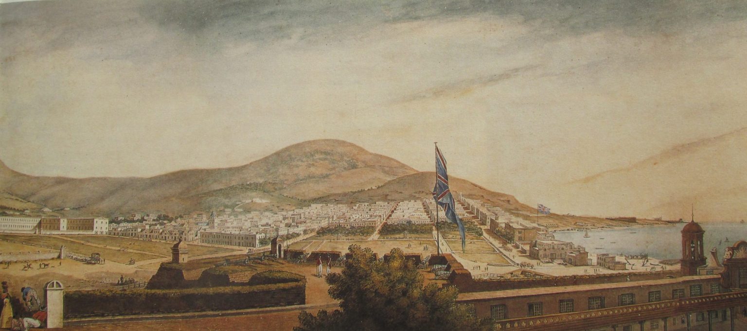 A historic watercolor depiction of a coastal town surrounded by mountains, featuring British flags and early 19th-century architecture.