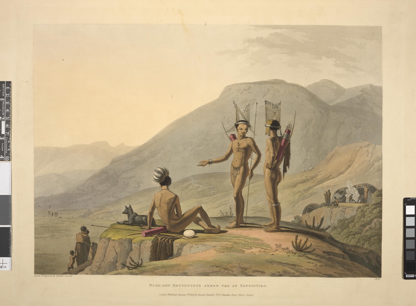 Three indigenous hunters stand on a rocky outcrop, adorned in traditional attire, with mountainous terrain behind them.
