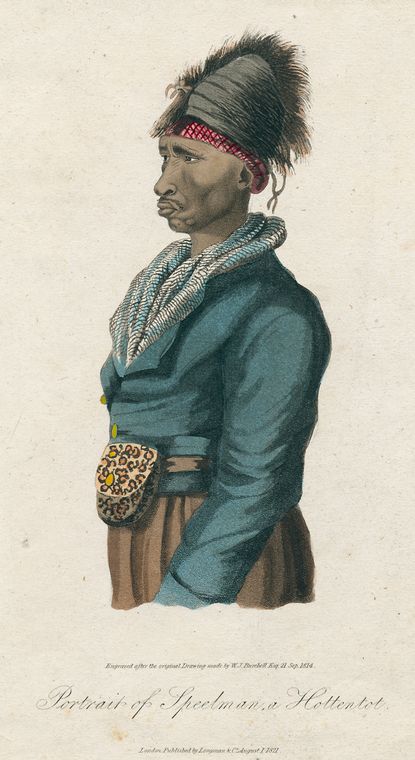 A historical illustration of a person in colonial attire, featuring a blue jacket, patterned scarf, and a decorative pouch.