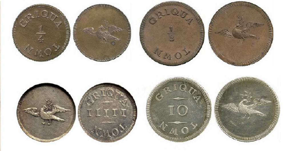 Four Griqua Town coins displayed: denominations 1/4, 1/2, 5, and 10, featuring an eagle design on one side.