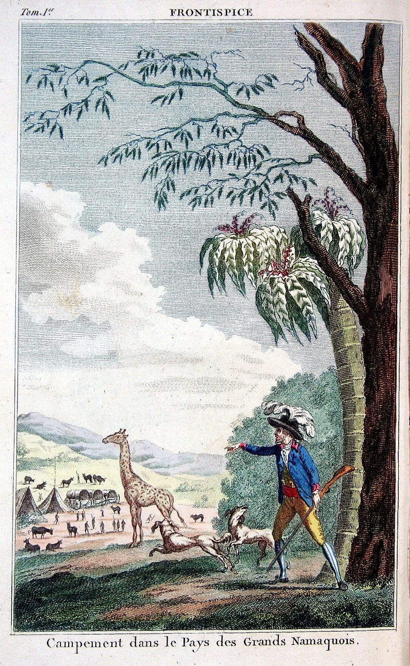 A colorful illustration of a man in 18th-century attire pointing at a giraffe in a camp setting, surrounded by animals and trees.