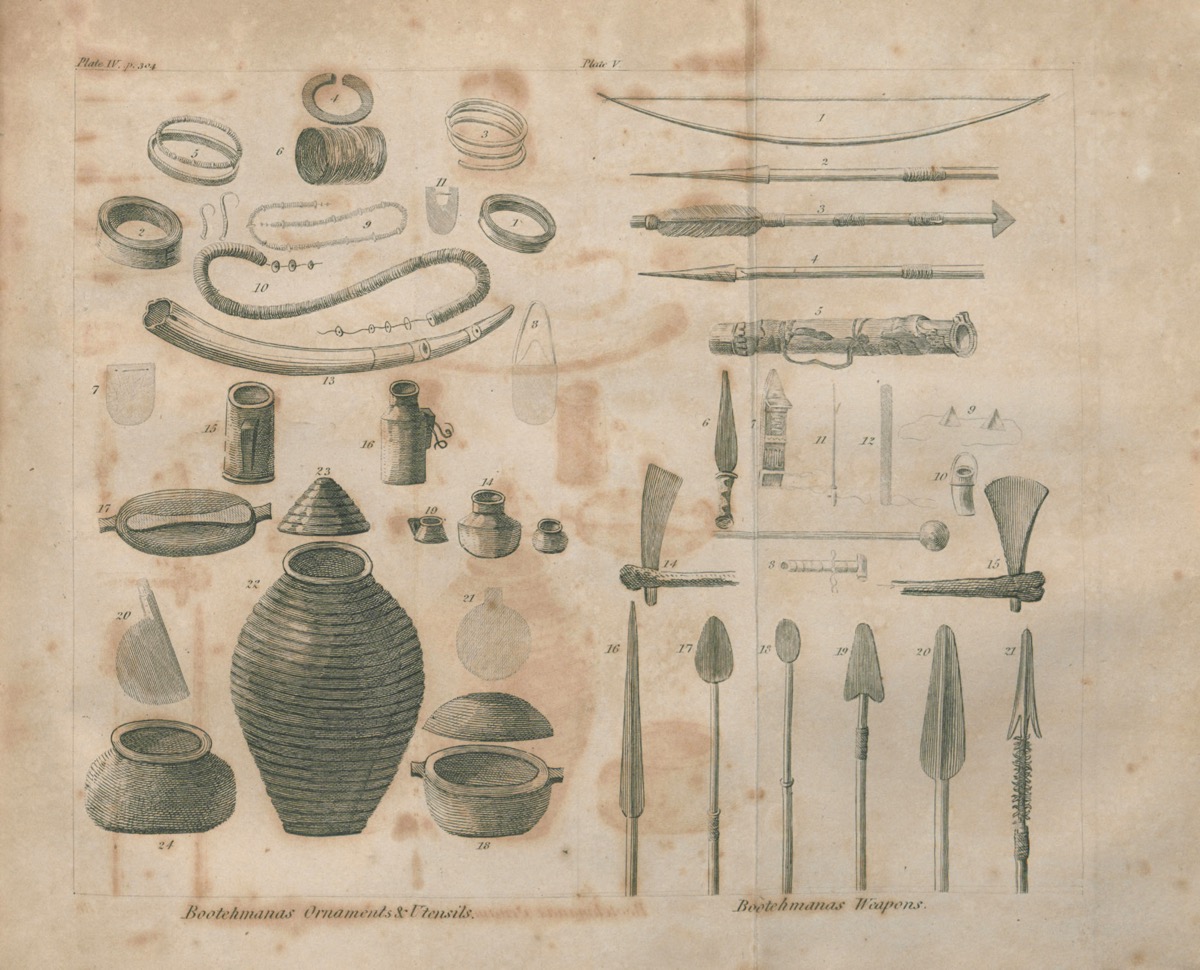 An illustration of various ornaments and utensils, including pottery and weapons, labeled with numbers for identification.