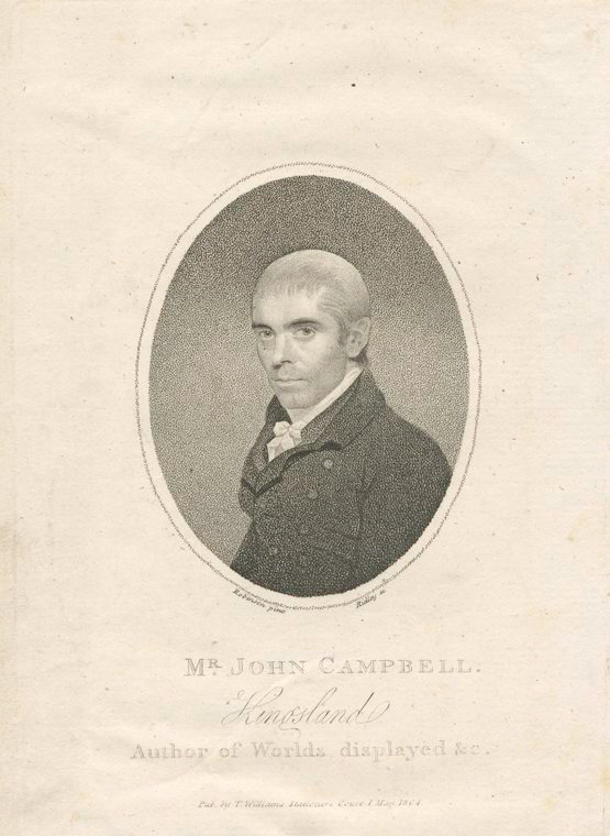 Black and white portrait engraving of a man in a coat, labeled as Mr. John Campbell.