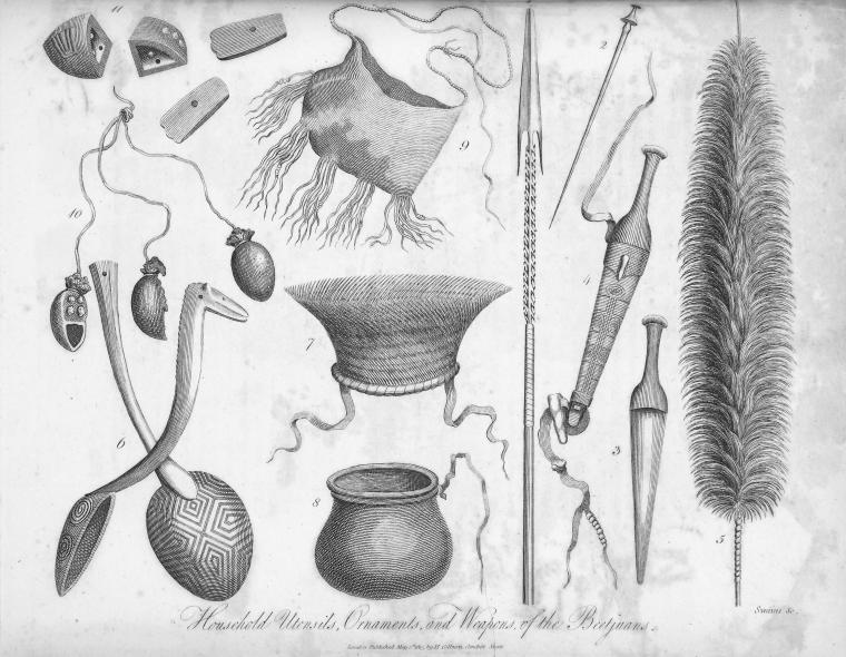 Illustration of various household utensils, ornaments, and tools of the Aboriginal people, featuring unique designs and shapes.