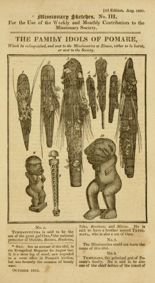 Illustration of family idols from Pomare, depicting various carved wooden figures, with descriptions of their significance and history.