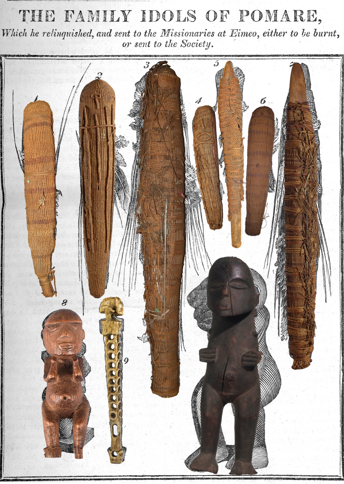 A collection of historical idols from the Pomare family, featuring wooden figures and ceremonial objects displayed on a printed background.