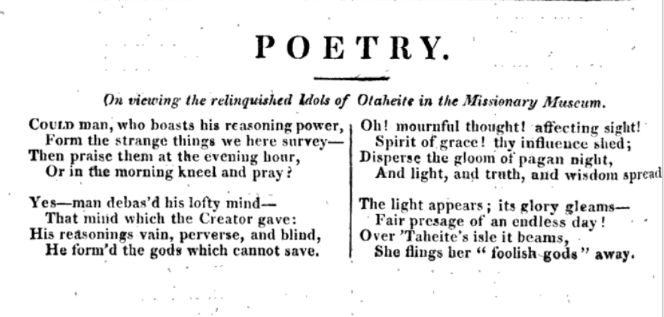 An excerpt of a poem reflecting on the relinquished idols of Otaheite in a Missionary Museum, exploring themes of faith and enlightenment.